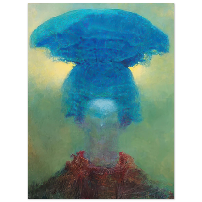 Zdzisław Beksiński Blue Volcano poster featuring an enormous turquoise-blue volcano with a mushroom-shaped volcanic cloud above a misty green landscape.