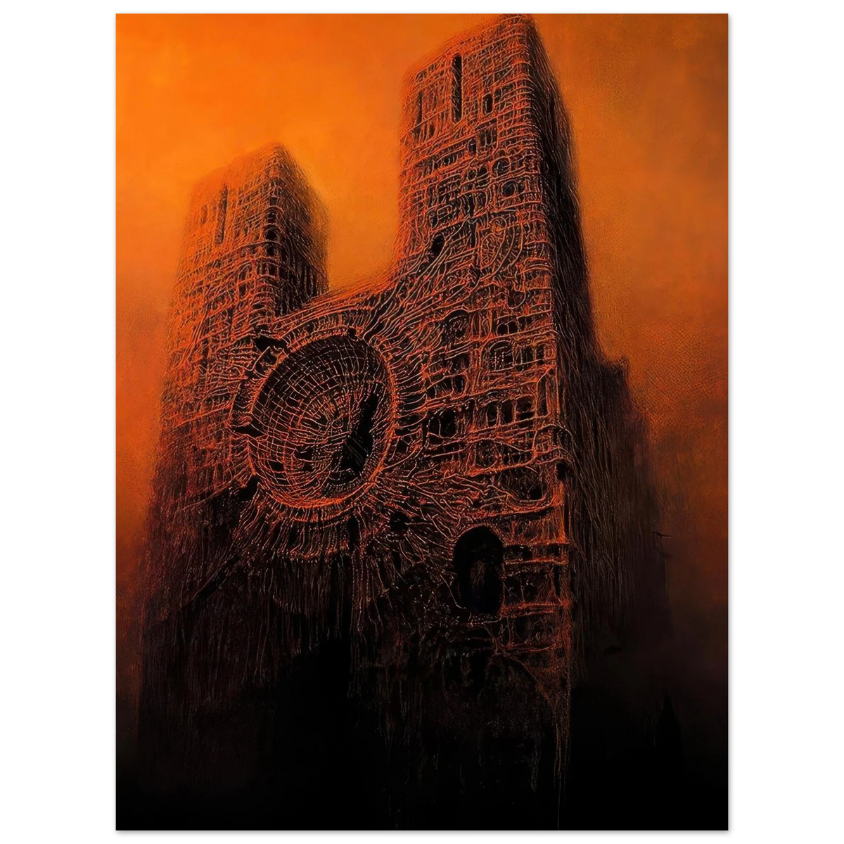 Zdzisław Beksiński Burning Cathedral poster featuring two dark gothic towers with intricate red architectural lines and a circular structure beneath a fiery orange sky.