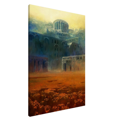 Zdzisław Beksiński Lost City canvas print featuring monumental blue-green ruins and a rounded structure above a glowing orange landscape beneath a luminous yellow sky.
