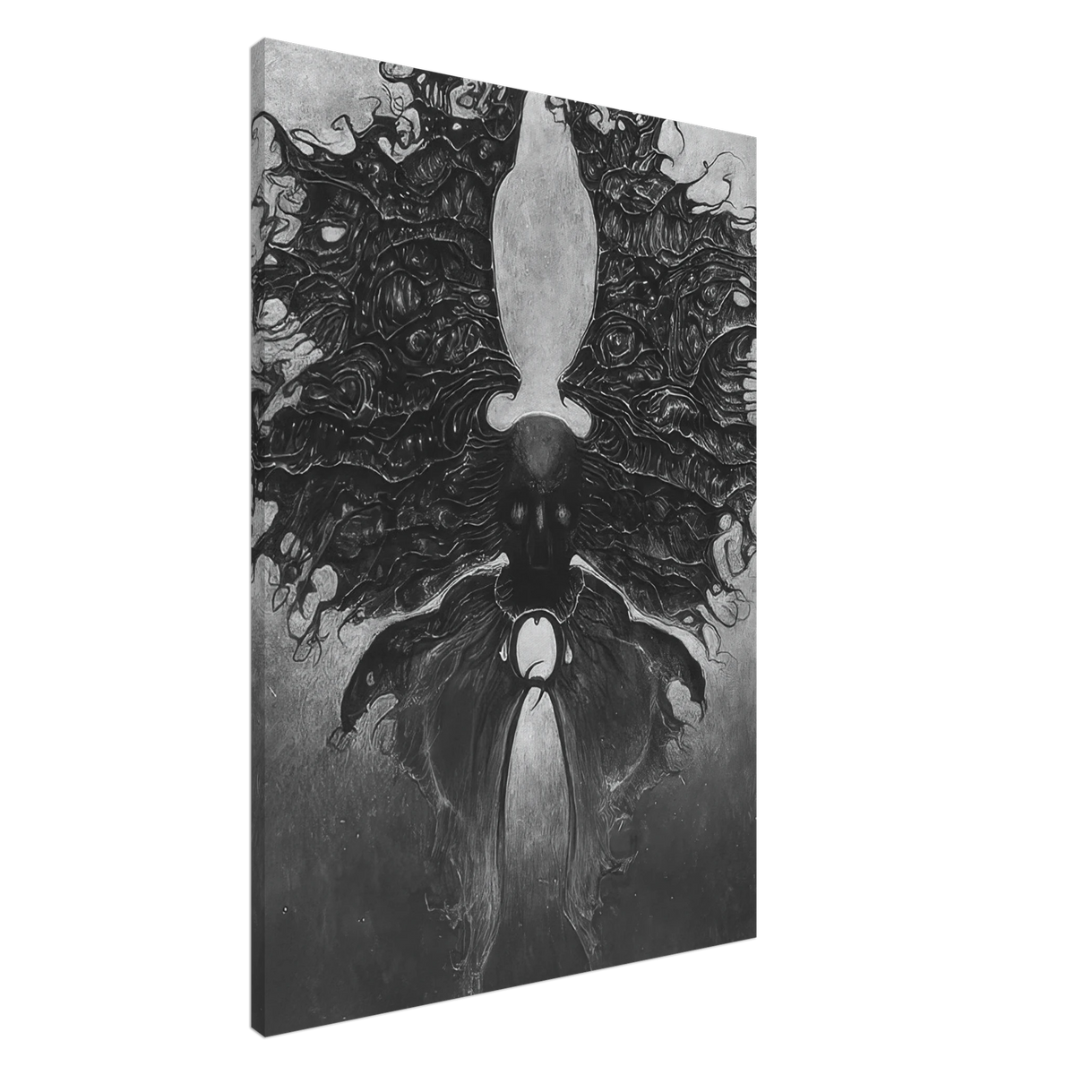 Zdzisław Beksiński Dark Winged Figure canvas print featuring a symmetrical humanoid creature surrounded by intricate organic wing-like forms in black, gray, and white.
