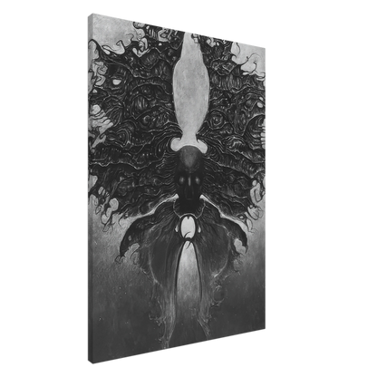Zdzisław Beksiński Dark Winged Figure canvas print featuring a symmetrical humanoid creature surrounded by intricate organic wing-like forms in black, gray, and white.