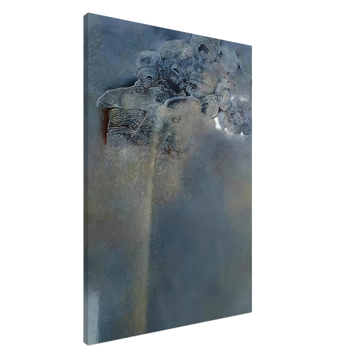 Zdzisław Beksiński Gathering Figures canvas print featuring mysterious human-like forms gathered above a monumental structure in an atmospheric blue-gray surreal landscape.