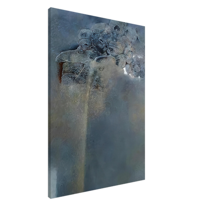 Zdzisław Beksiński Gathering Figures canvas print featuring mysterious human-like forms gathered above a monumental structure in an atmospheric blue-gray surreal landscape.
