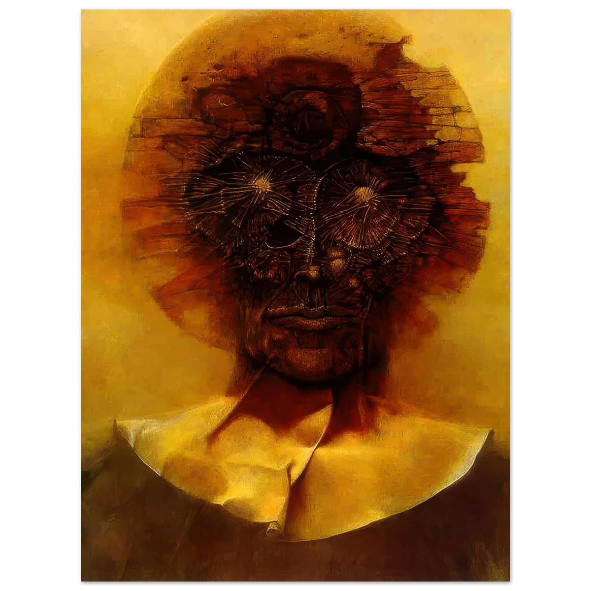 Zdzisław Beksiński Distorted Face poster featuring a haunting human-like portrait with fractured reddish-brown features, radiating eye details, and a glowing golden-yellow background.
