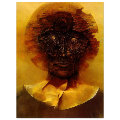 Zdzisław Beksiński Distorted Face poster featuring a haunting human-like portrait with fractured reddish-brown features, radiating eye details, and a glowing golden-yellow background.
