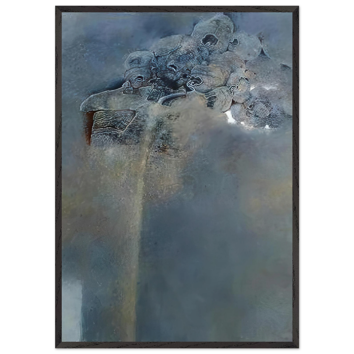 Zdzisław Beksiński Lost Souls framed print featuring mysterious clustered human-like figures above a monumental structure in an atmospheric blue-gray surreal landscape.