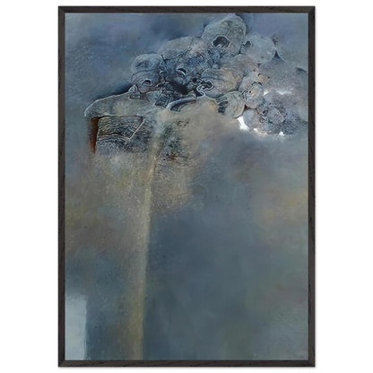 Zdzisław Beksiński Lost Souls framed print featuring mysterious clustered human-like figures above a monumental structure in an atmospheric blue-gray surreal landscape.