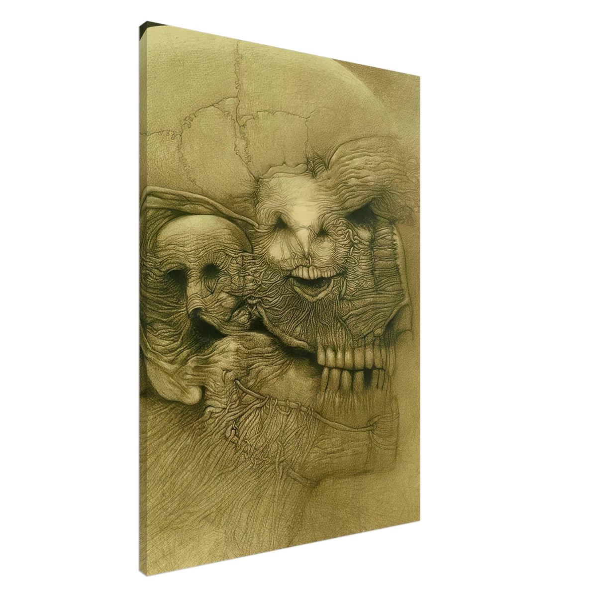 Zdzisław Beksiński Macabre Portrait canvas print showing a grotesque skeletal face with hollow eyes, exposed teeth, and detailed organic textures in antique sepia and olive tones.