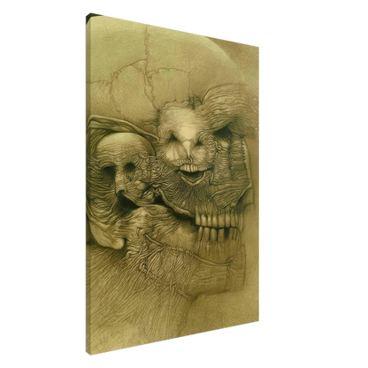 Zdzisław Beksiński Macabre Portrait canvas print showing a grotesque skeletal face with hollow eyes, exposed teeth, and detailed organic textures in antique sepia and olive tones.